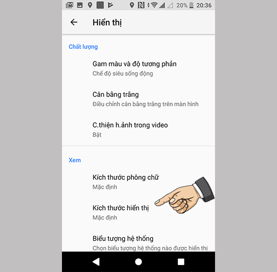 Vào kích thước hiển thị